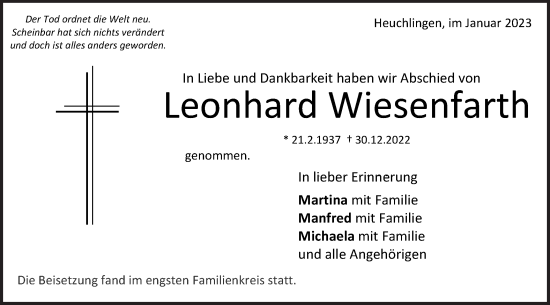 Traueranzeige von Leonhard Wiesenfarth von Gmünder Tagespost