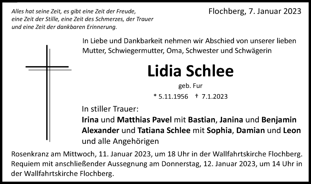  Traueranzeige für Lidia Schlee vom 10.01.2023 aus Schwäbische Post