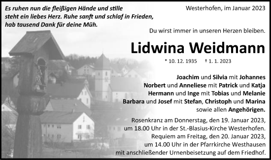 Traueranzeige von Lidwina Weidmann von Schwäbische Post