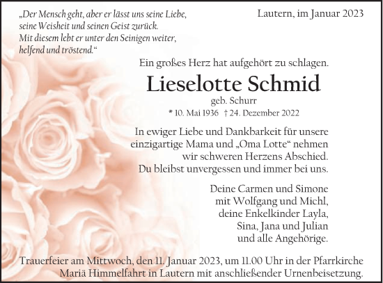 Traueranzeige von Lieselotte Schmid von Gmünder Tagespost