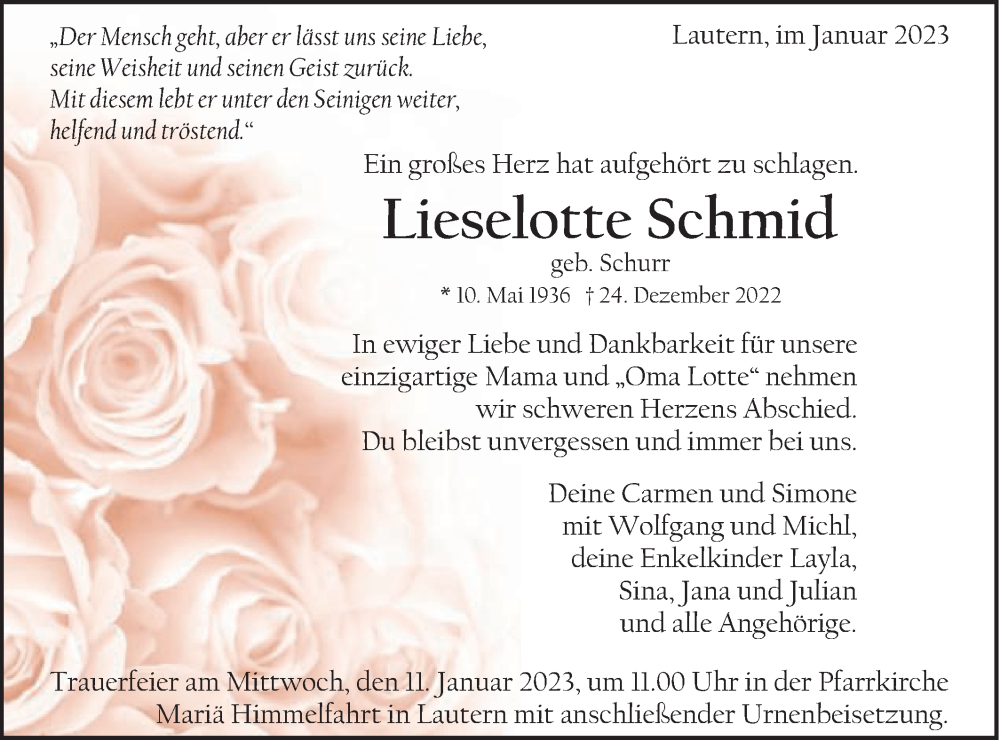  Traueranzeige für Lieselotte Schmid vom 07.01.2023 aus Gmünder Tagespost