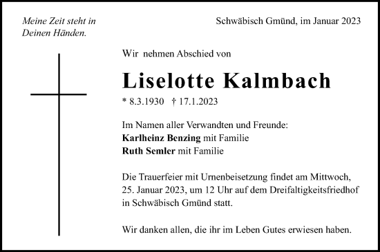 Traueranzeige von Liselotte Kalmbach von Gmünder Tagespost