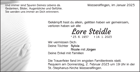 Traueranzeige von Lore Steidle von Schwäbische Post