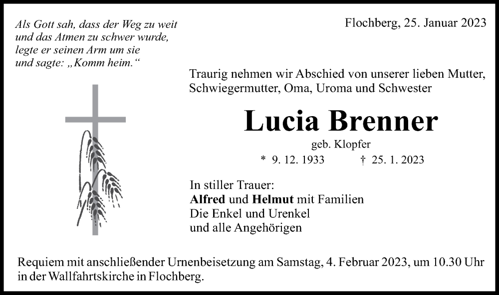  Traueranzeige für Lucia Brenner vom 31.01.2023 aus Schwäbische Post