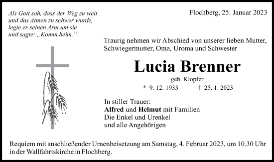 Traueranzeige von Lucia Brenner von Schwäbische Post