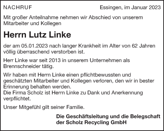 Traueranzeige von Lutz Linke von Schwäbische Post