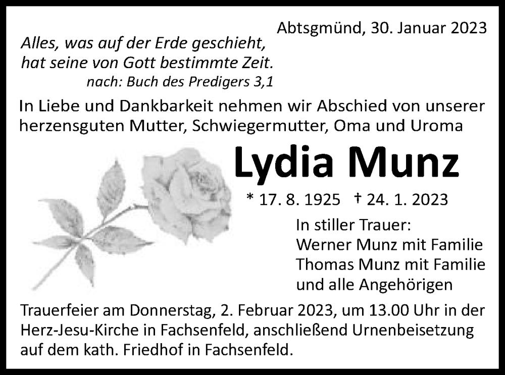  Traueranzeige für Lydia Munz vom 30.01.2023 aus Schwäbische Post