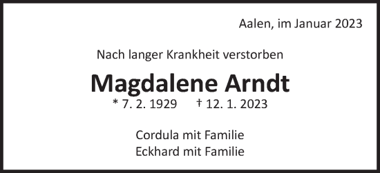Traueranzeige von Magdalene Arndt von Schwäbische Post