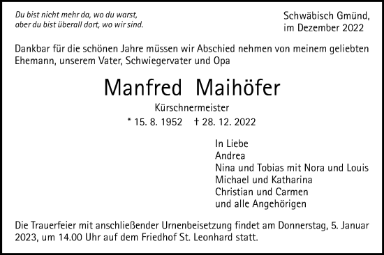 Traueranzeige von Manfred Maihöfer von Gmünder Tagespost