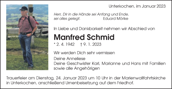 Traueranzeige von Manfred Schmid von Schwäbische Post