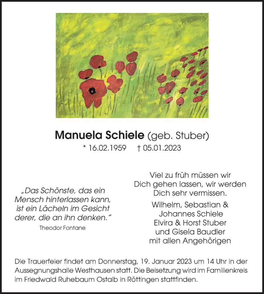  Traueranzeige für Manuela Schiele vom 12.01.2023 aus Schwäbische Post