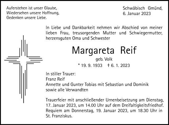 Traueranzeige von Margareta Reif von Gmünder Tagespost