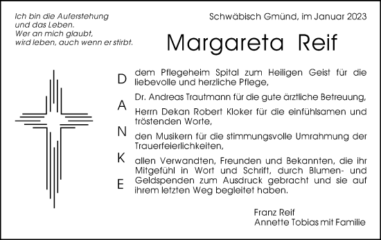 Traueranzeige von Margareta Reif von Gmünder Tagespost