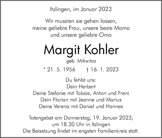 Traueranzeige von Margit Kohler von Schwäbische Post