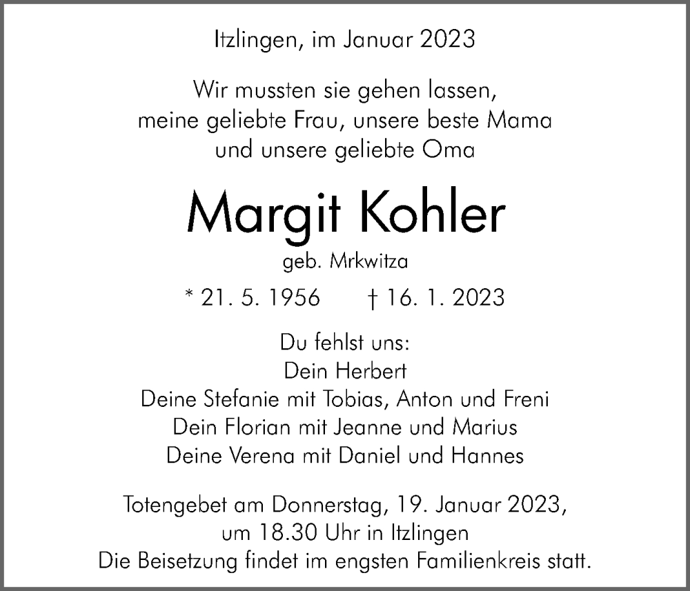  Traueranzeige für Margit Kohler vom 17.01.2023 aus Schwäbische Post