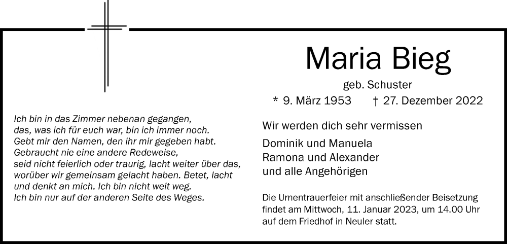  Traueranzeige für Maria Bieg vom 07.01.2023 aus Schwäbische Post