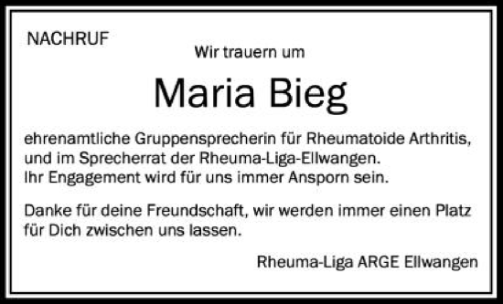 Traueranzeige von Maria Bieg von Schwäbische Post