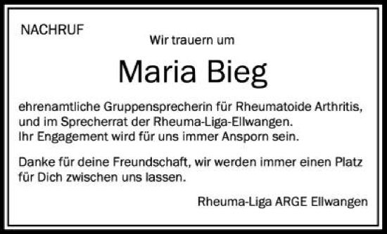 Traueranzeige von Maria Bieg