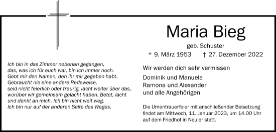 Traueranzeige von Maria Bieg