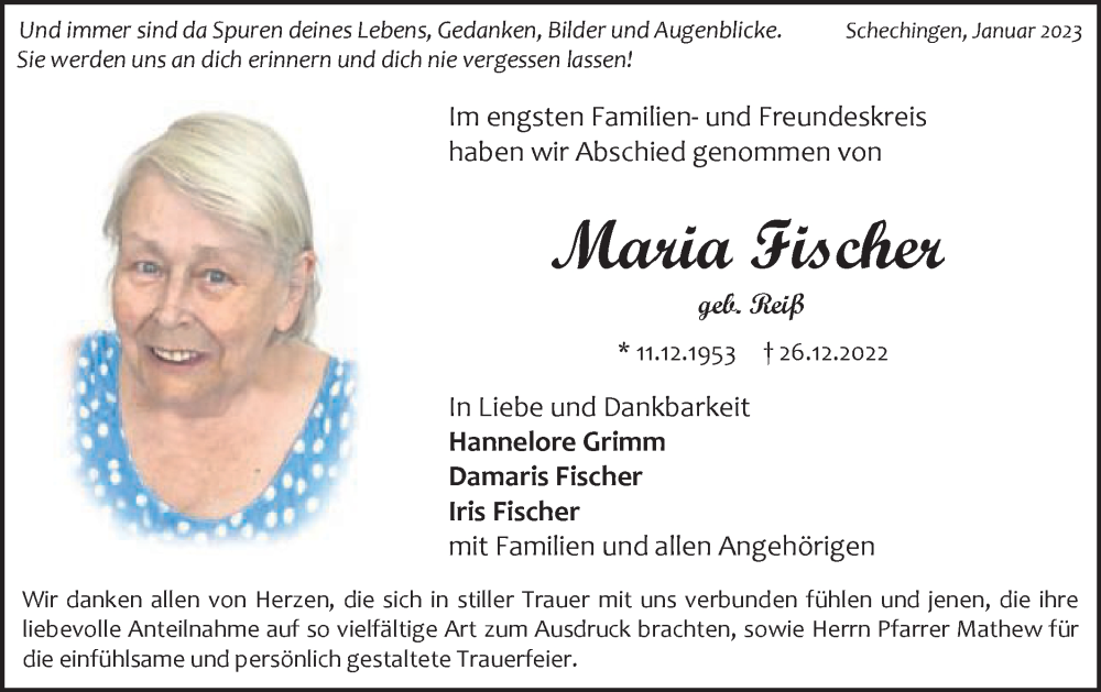  Traueranzeige für Maria Fischer vom 14.01.2023 aus Gmünder Tagespost