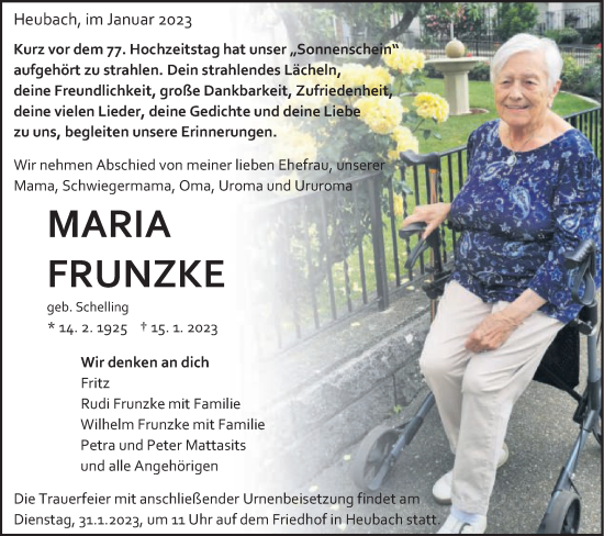 Traueranzeige von Maria Frunzke von Gmünder Tagespost