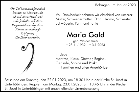 Traueranzeige von Maria Gold von Gmünder Tagespost