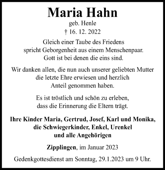 Traueranzeige von Maria Hahn von Schwäbische Post