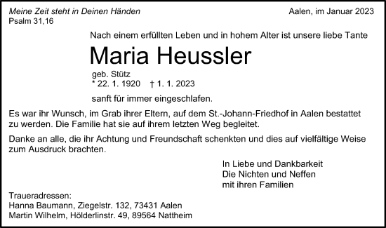 Traueranzeige von Maria Heussler von Schwäbische Post
