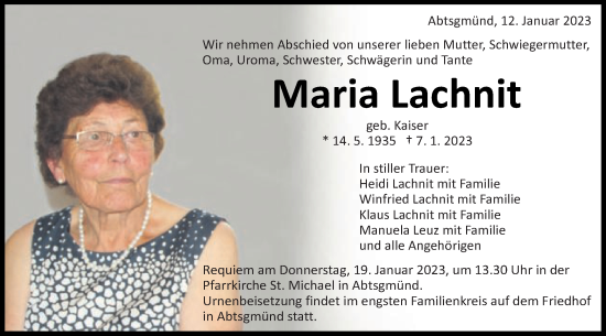 Traueranzeige von Maria Lachnit von Schwäbische Post