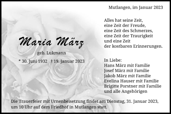 Traueranzeige von Maria März von Gmünder Tagespost