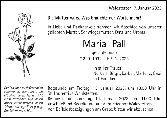 Traueranzeige von Maria Pall von Gmünder Tagespost