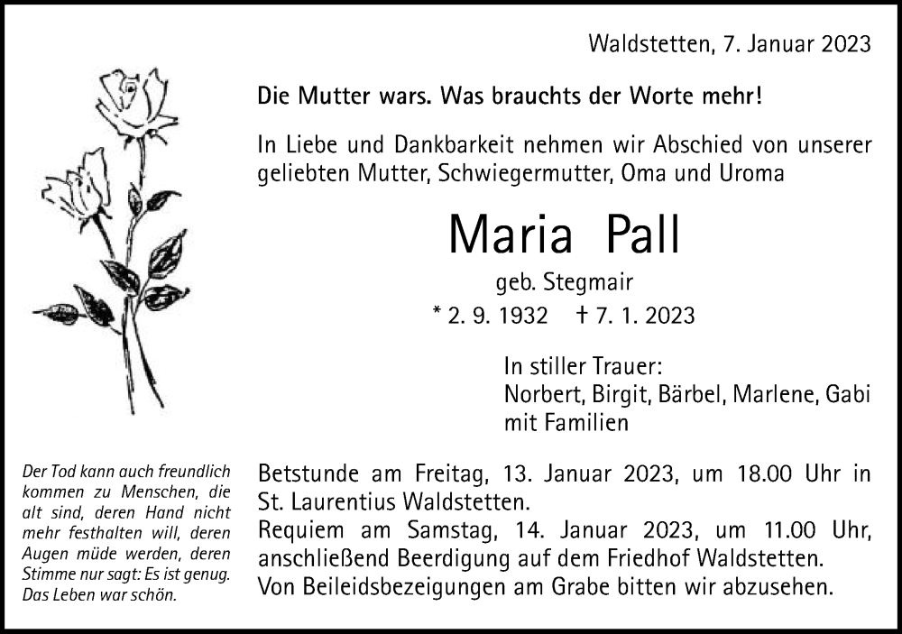 Traueranzeige für Maria Pall vom 12.01.2023 aus Gmünder Tagespost