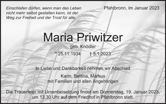 Traueranzeige von Maria Priwitzer von Gmünder Tagespost