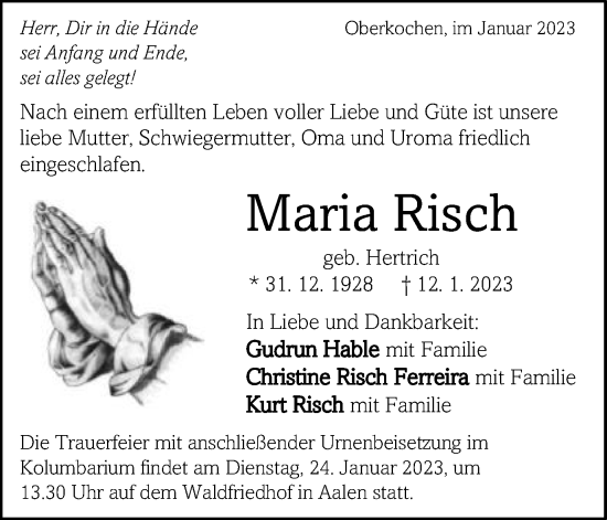 Traueranzeige von Maria Risch von Schwäbische Post