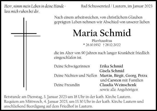 Traueranzeige von Maria Schmid von Gmünder Tagespost