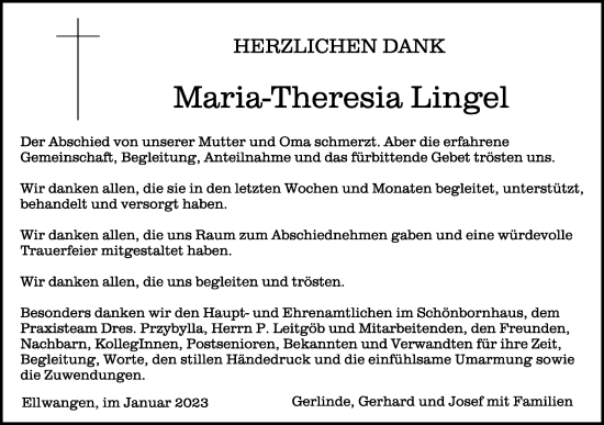 Traueranzeige von Maria-Theresia Lingel