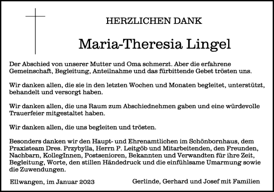 Traueranzeige von Maria-Theresia Lingel von Schwäbische Post