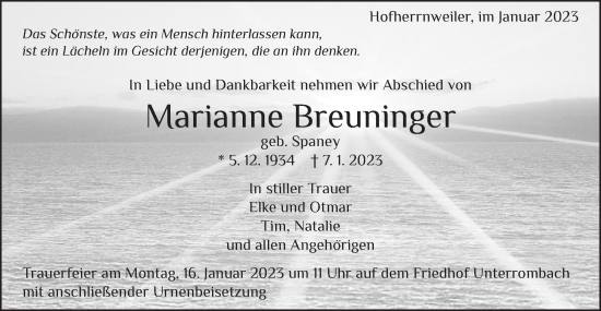 Traueranzeige von Marianne Breuninger von Schwäbische Post