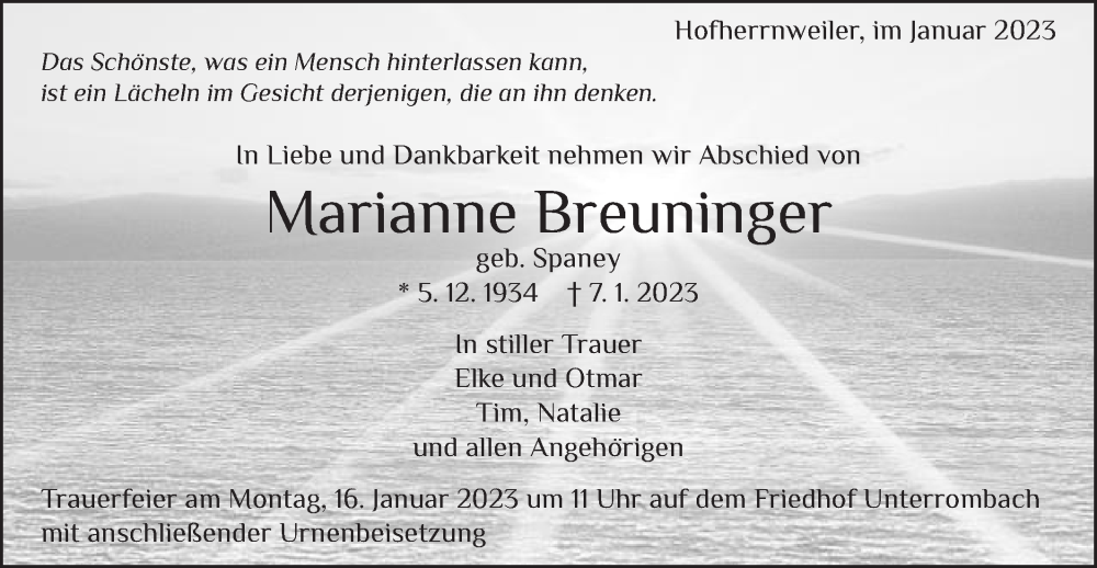  Traueranzeige für Marianne Breuninger vom 11.01.2023 aus Schwäbische Post