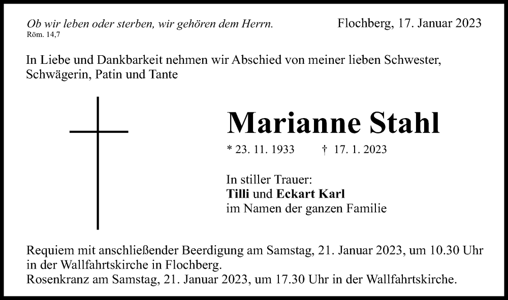  Traueranzeige für Marianne Stahl vom 19.01.2023 aus Schwäbische Post
