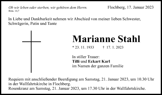 Traueranzeige von Marianne Stahl von Schwäbische Post