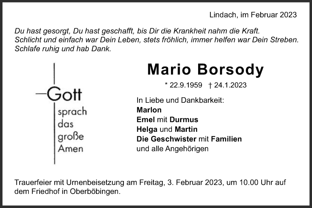  Traueranzeige für Mario Borsody vom 31.01.2023 aus Gmünder Tagespost