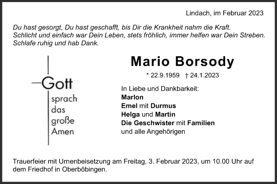 Traueranzeige von Mario Borsody von Gmünder Tagespost