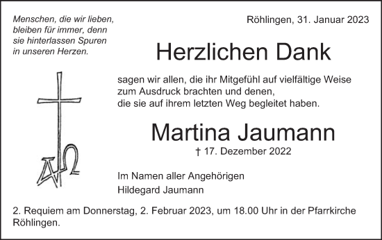 Traueranzeige von Martina Jaumann