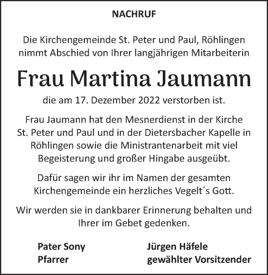 Traueranzeige von Martina Jaumann von Schwäbische Post