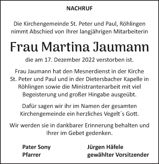 Traueranzeige von Martina Jaumann