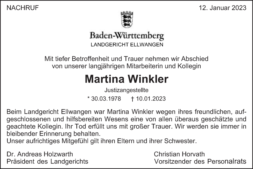  Traueranzeige für Martina Winkler vom 12.01.2023 aus Schwäbische Post