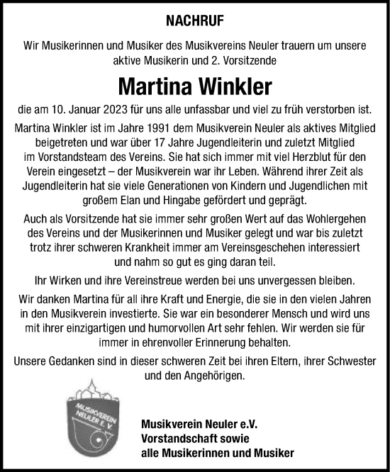 Traueranzeige von Martina Winkler von Schwäbische Post