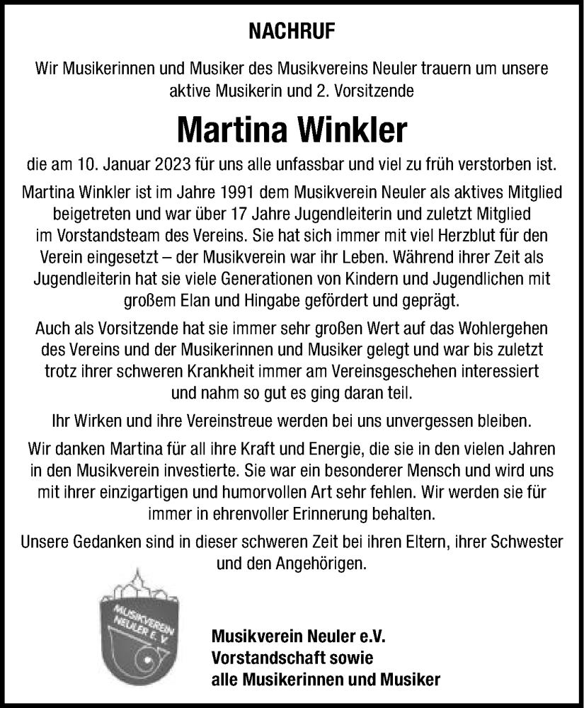 Traueranzeige für Martina Winkler vom 12.01.2023 aus Schwäbische Post