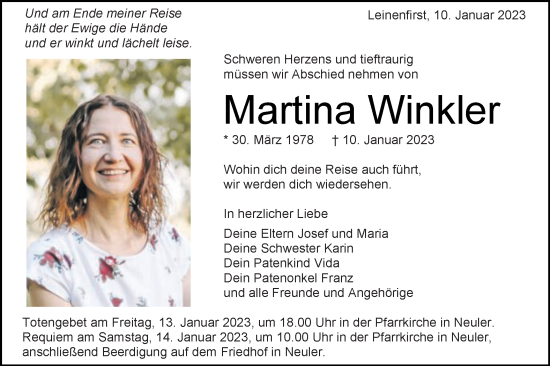 Traueranzeige von Martina Winkler von Schwäbische Post